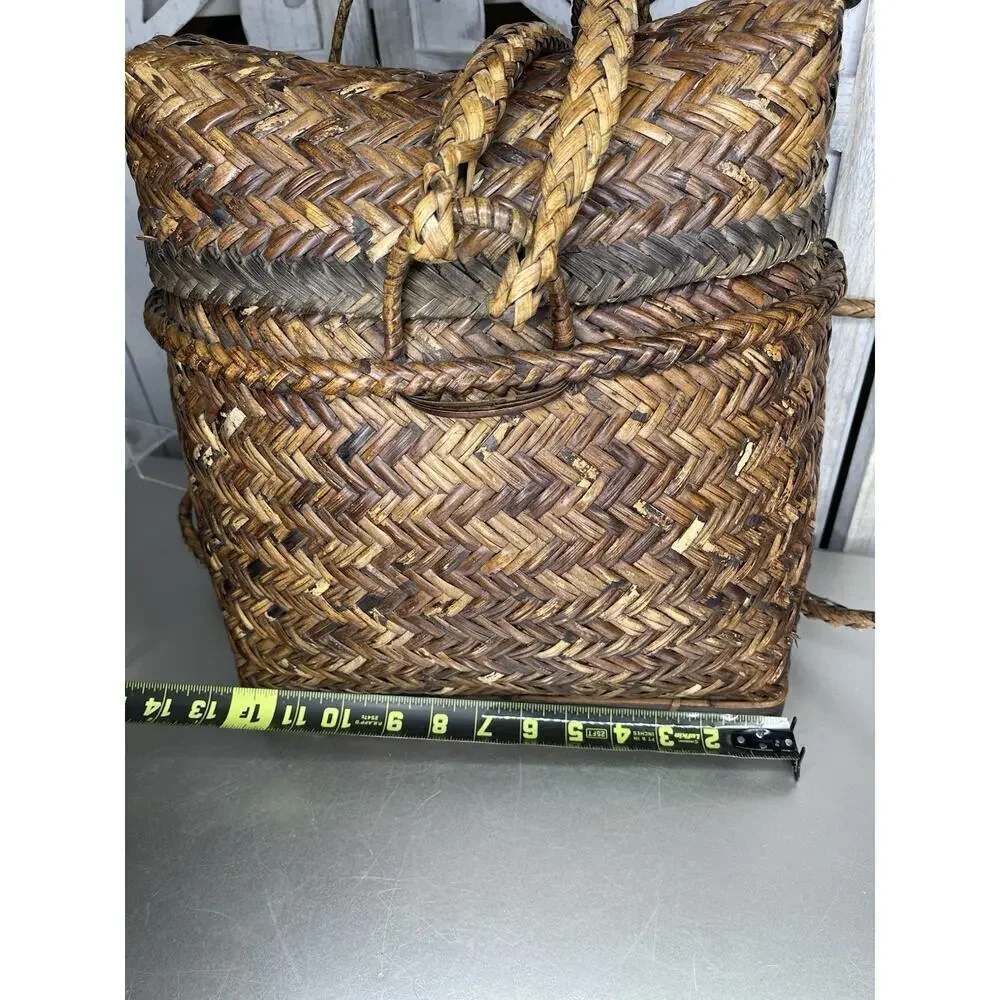 Vintage Filipino Rattan Woven Brown Wicker Wood Gathering Basket Backpack